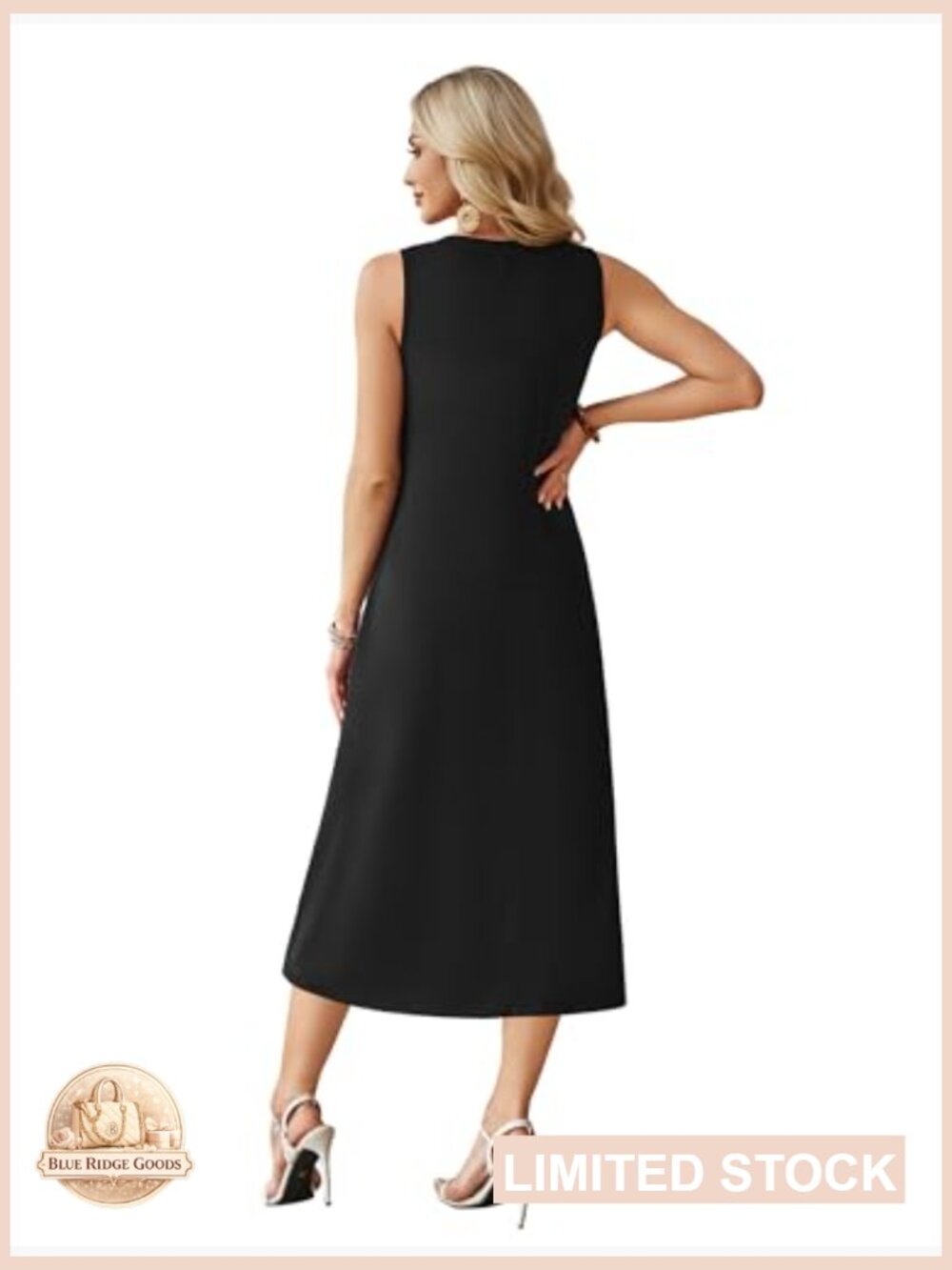 Casual Midi Dress Sleeveless Button Front Beach Vacation Sundresses with Pockets - Picture 5 of 7